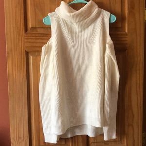 White turtle neck, shoulder cut out sweater